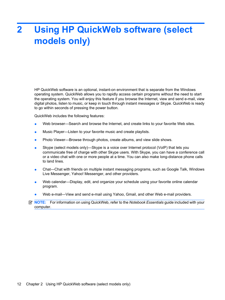 Using hp quickweb software (select models only), 2 using hp quickweb software (select models only), 2using hp quickweb software (select models only) | HP Compaq Mini 311c-1140EI PC User Manual | Page 20 / 89