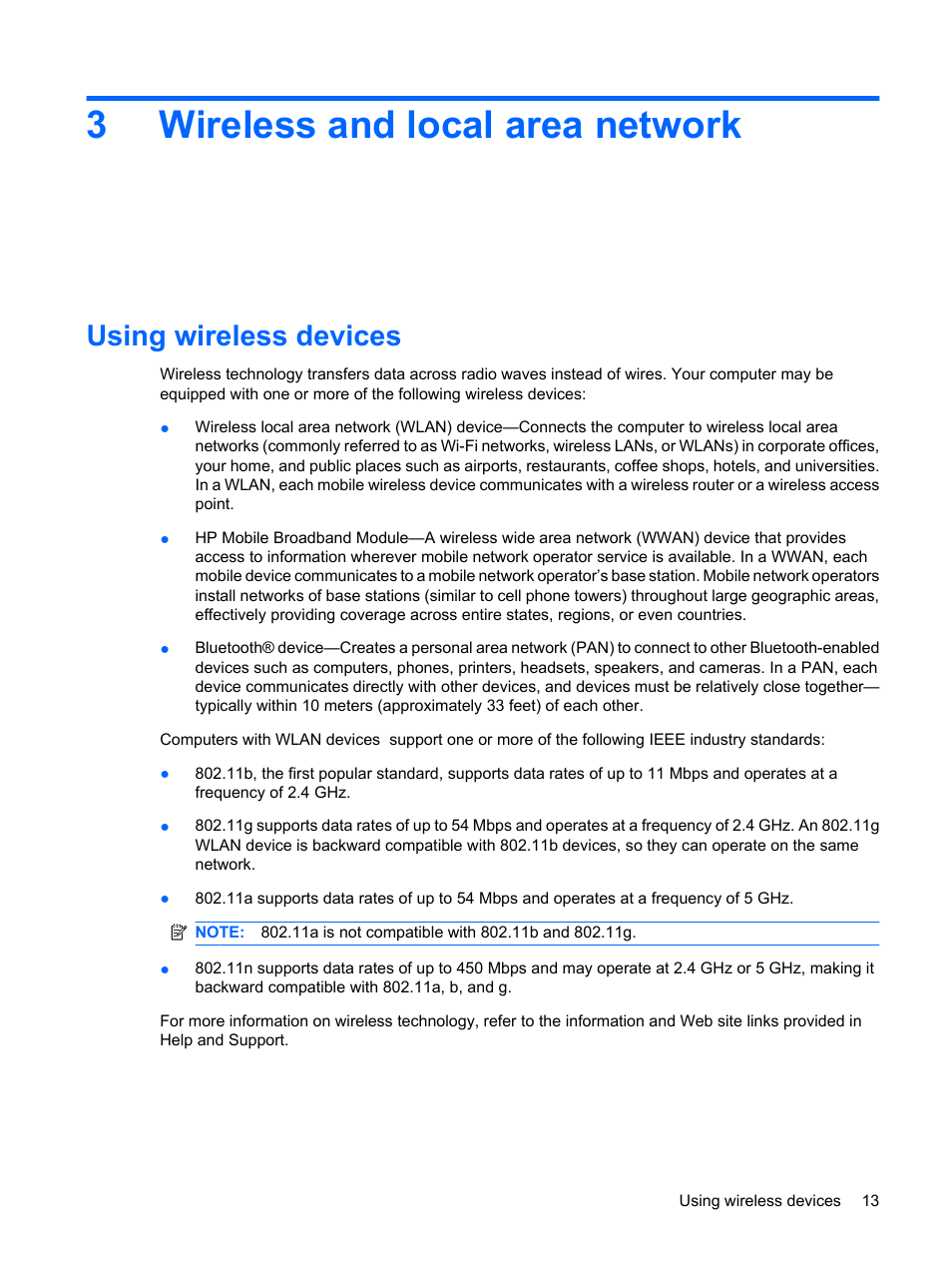 Wireless and local area network, Using wireless devices, 3 wireless and local area network | 3wireless and local area network | HP Compaq Mini 311c-1140EI PC User Manual | Page 21 / 89