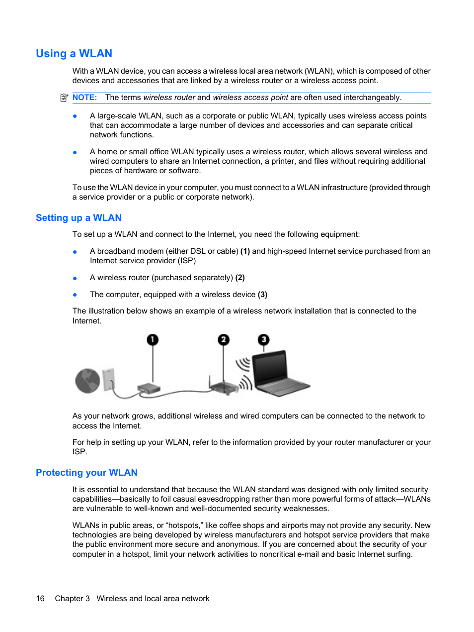Using a wlan, Setting up a wlan, Protecting your wlan | Setting up a wlan protecting your wlan | HP Compaq Mini 311c-1140EI PC User Manual | Page 24 / 89