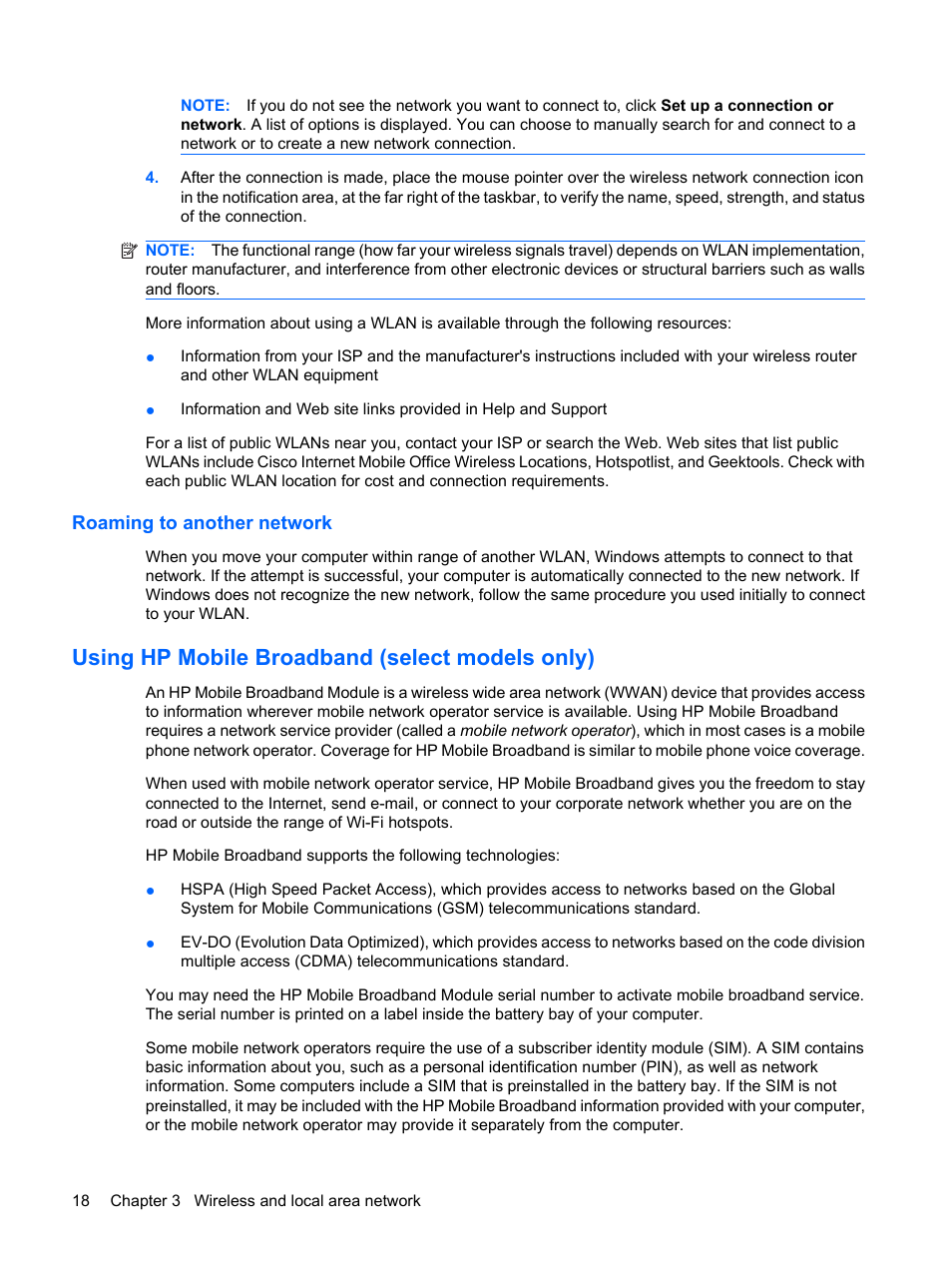 Roaming to another network, Using hp mobile broadband (select models only) | HP Compaq Mini 311c-1140EI PC User Manual | Page 26 / 89