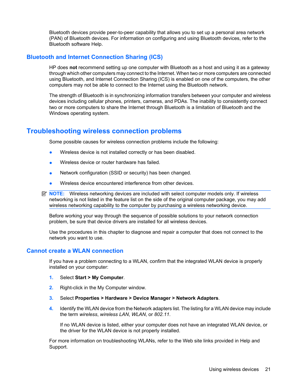 Bluetooth and internet connection sharing (ics), Troubleshooting wireless connection problems, Cannot create a wlan connection | HP Compaq Mini 311c-1140EI PC User Manual | Page 29 / 89