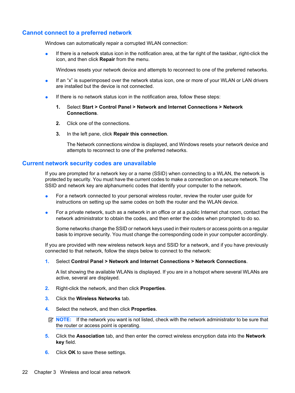 Cannot connect to a preferred network, Current network security codes are unavailable | HP Compaq Mini 311c-1140EI PC User Manual | Page 30 / 89