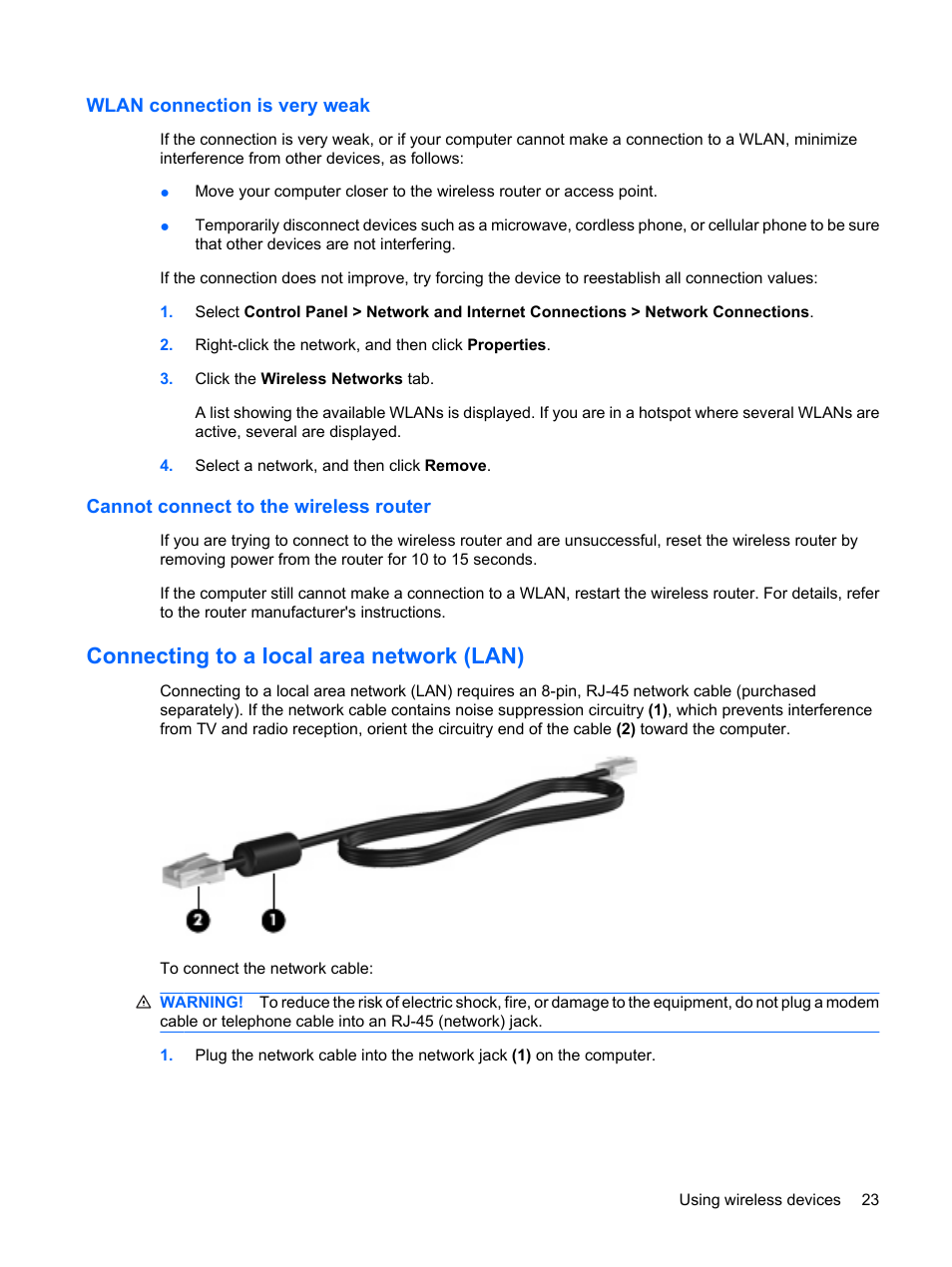 Wlan connection is very weak, Cannot connect to the wireless router, Connecting to a local area network (lan) | HP Compaq Mini 311c-1140EI PC User Manual | Page 31 / 89