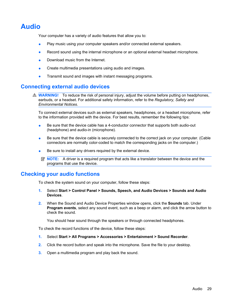 Audio, Connecting external audio devices, Checking your audio functions | HP Compaq Mini 311c-1140EI PC User Manual | Page 37 / 89