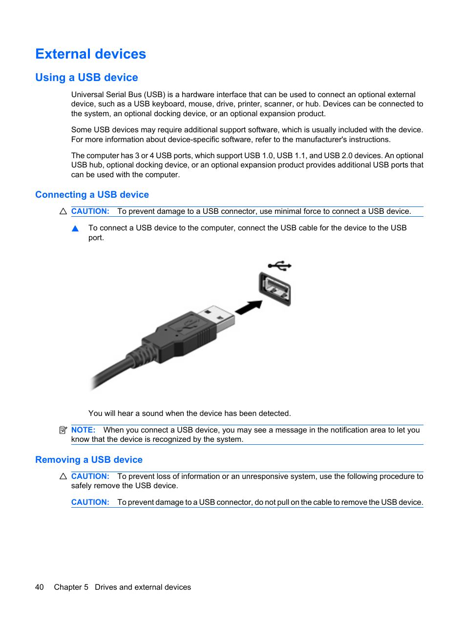 External devices, Using a usb device, Connecting a usb device | Removing a usb device, Connecting a usb device removing a usb device | HP Compaq Mini 311c-1140EI PC User Manual | Page 48 / 89