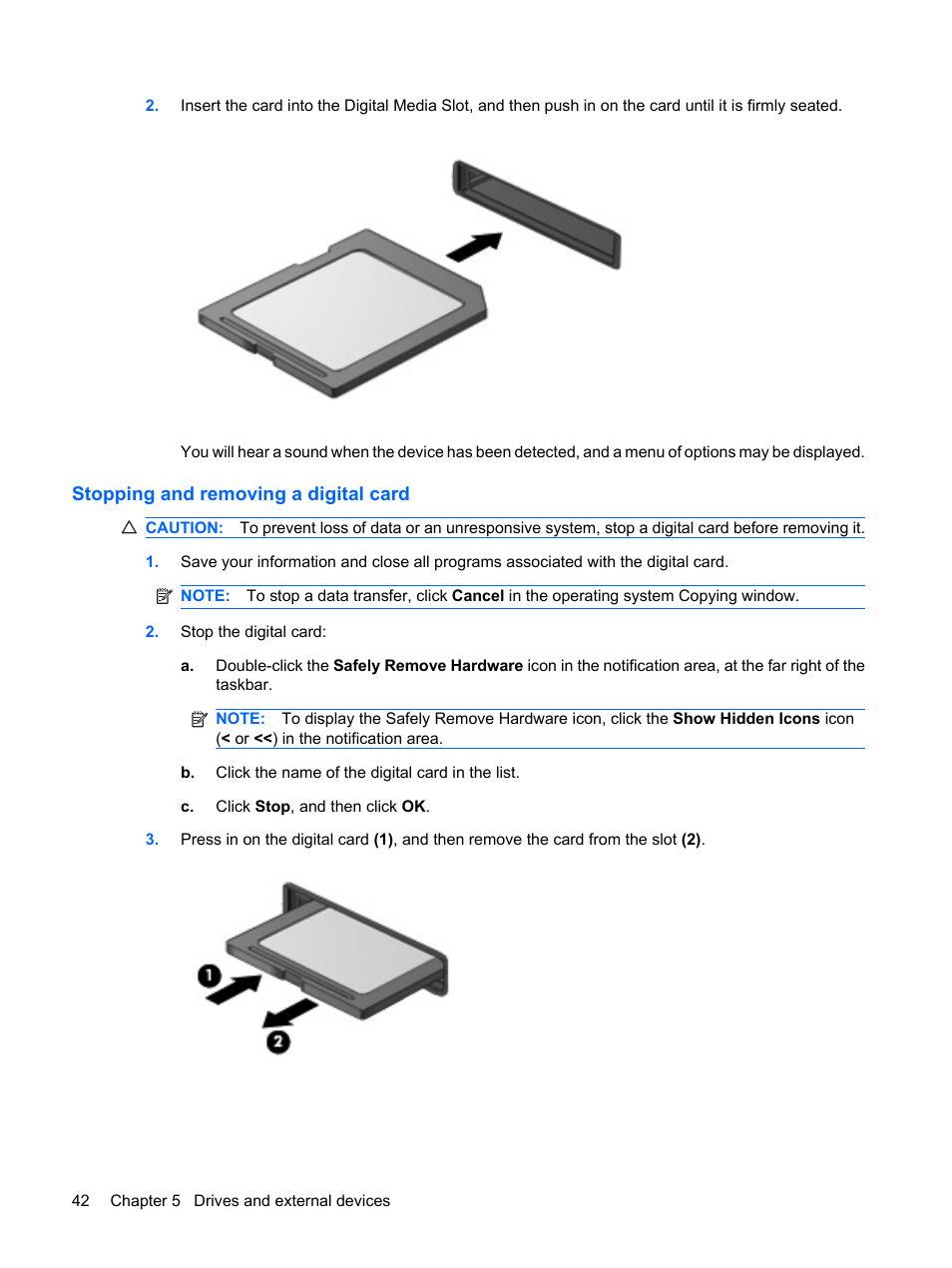 Stopping and removing a digital card | HP Compaq Mini 311c-1140EI PC User Manual | Page 50 / 89