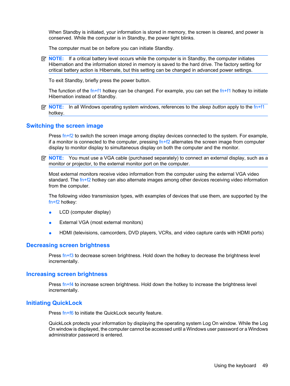 Switching the screen image, Decreasing screen brightness, Increasing screen brightness | Initiating quicklock | HP Compaq Mini 311c-1140EI PC User Manual | Page 57 / 89
