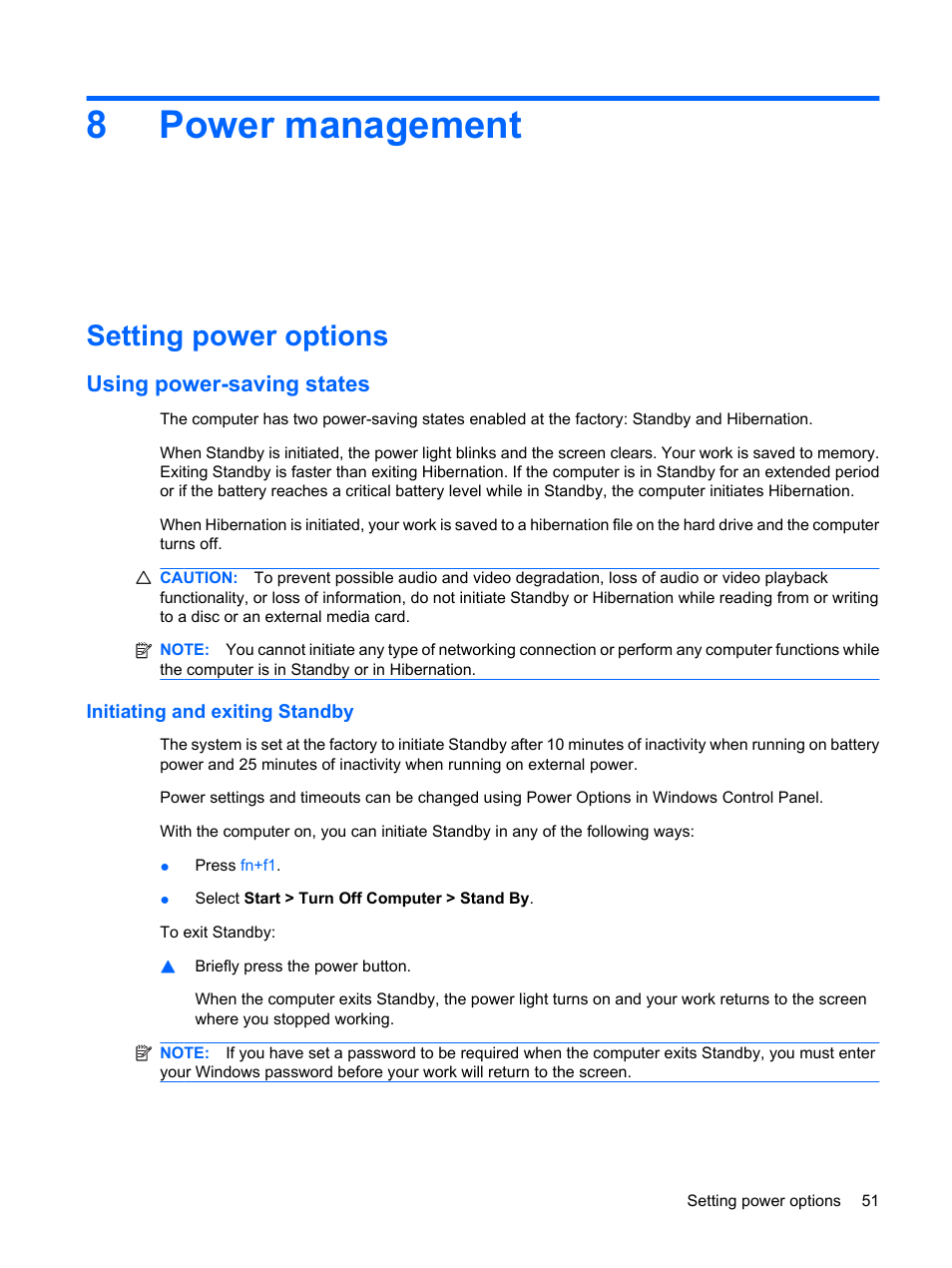 Power management, Setting power options, Using power-saving states | Initiating and exiting standby, 8 power management, 8power management | HP Compaq Mini 311c-1140EI PC User Manual | Page 59 / 89