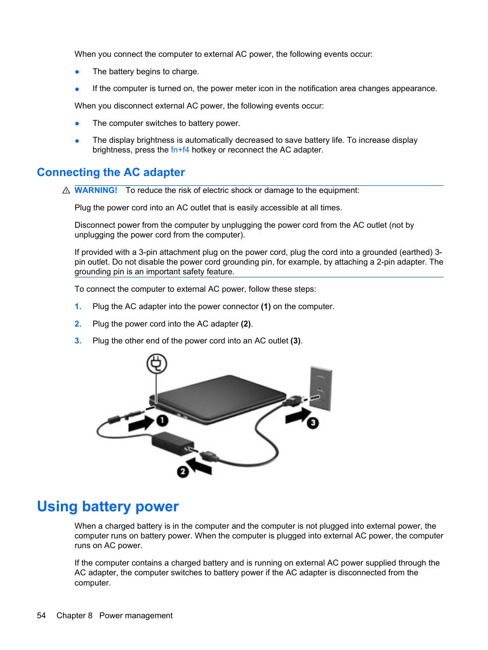 Connecting the ac adapter, Using battery power | HP Compaq Mini 311c-1140EI PC User Manual | Page 62 / 89