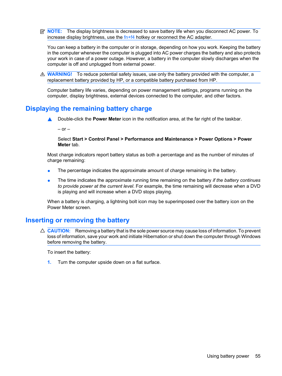 Displaying the remaining battery charge, Inserting or removing the battery | HP Compaq Mini 311c-1140EI PC User Manual | Page 63 / 89