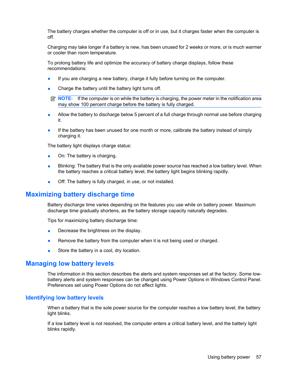 Maximizing battery discharge time, Managing low battery levels, Identifying low battery levels | HP Compaq Mini 311c-1140EI PC User Manual | Page 65 / 89