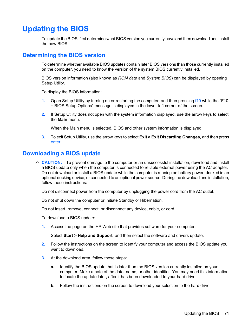 Updating the bios, Determining the bios version, Downloading a bios update | HP Compaq Mini 311c-1140EI PC User Manual | Page 79 / 89