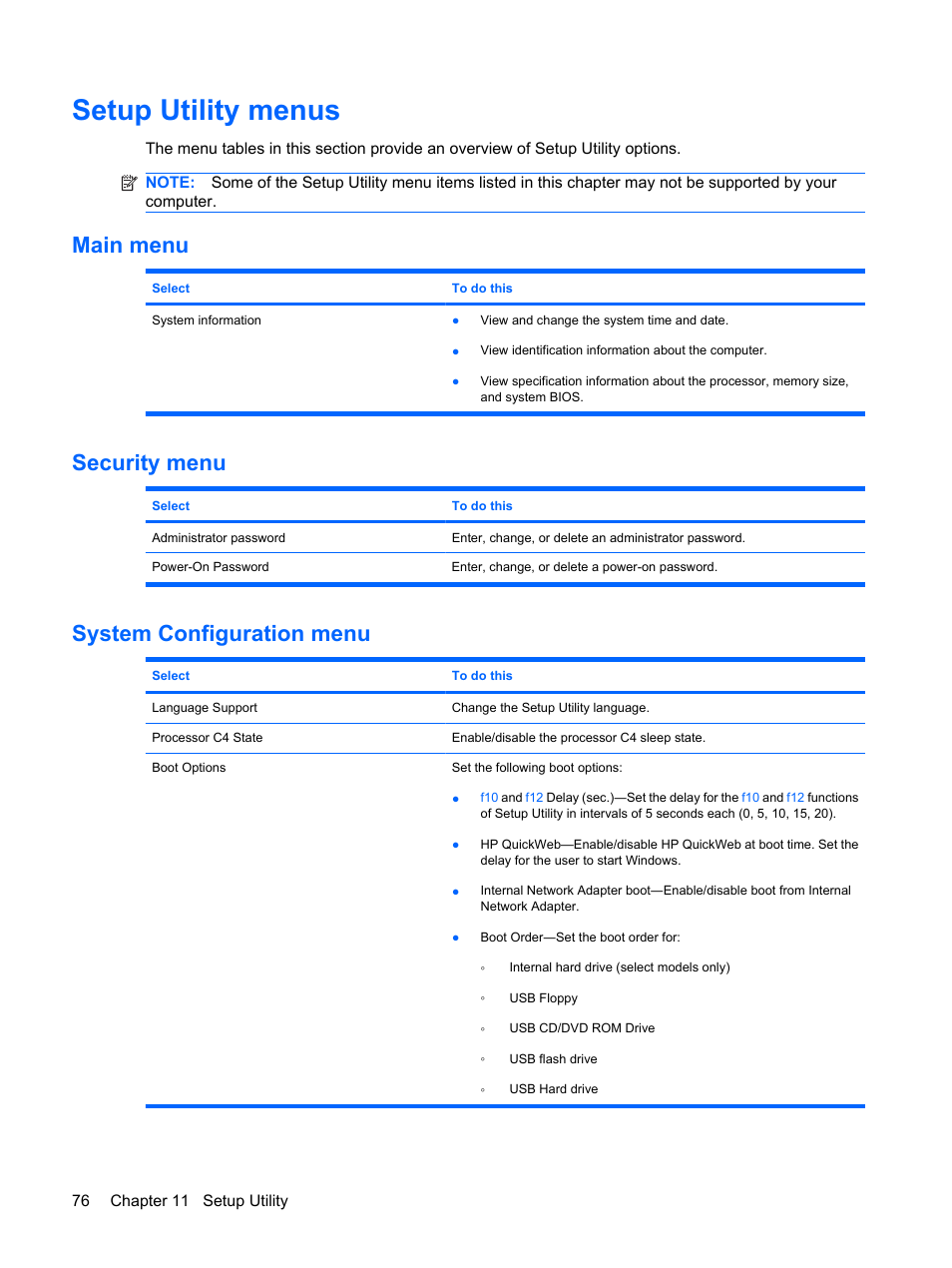 Setup utility menus, Main menu, Security menu | System configuration menu, Main menu security menu system configuration menu | HP Compaq Mini 311c-1140EI PC User Manual | Page 84 / 89