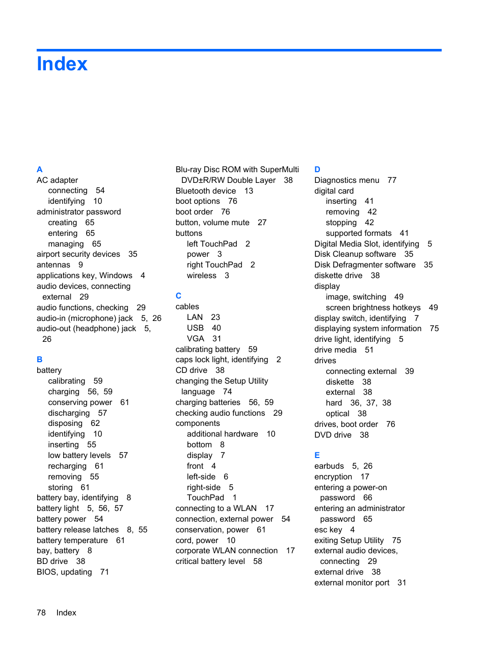 Index | HP Compaq Mini 311c-1140EI PC User Manual | Page 86 / 89