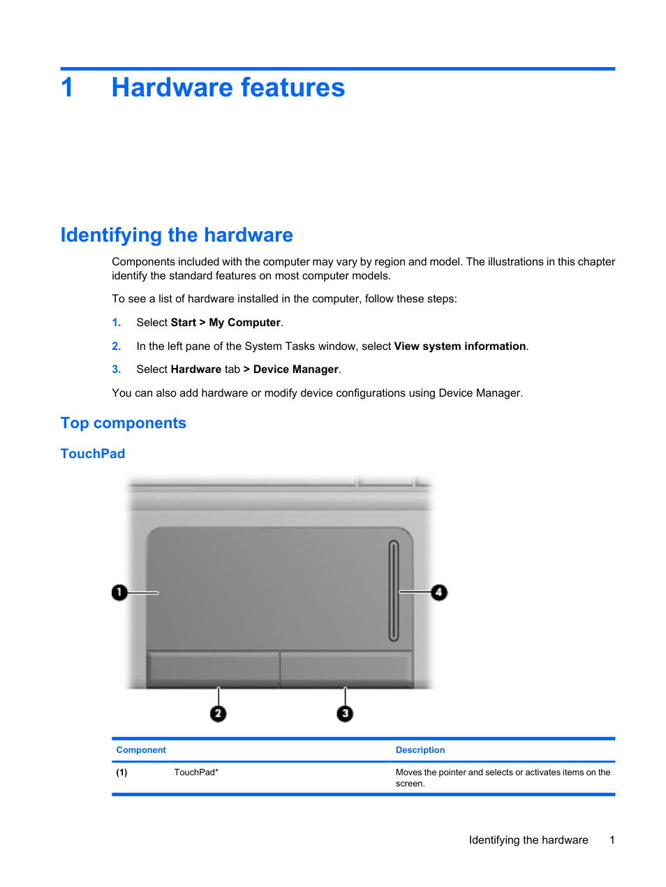 Hardware features, Identifying the hardware, Top components | Touchpad, 1 hardware features, 1hardware features | HP Compaq Mini 311c-1140EI PC User Manual | Page 9 / 89