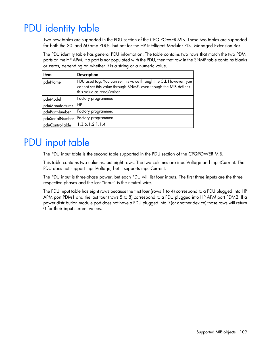 Pdu identity table, Pdu input table | HP ProLiant SL2500 Scalable System User Manual | Page 109 / 117