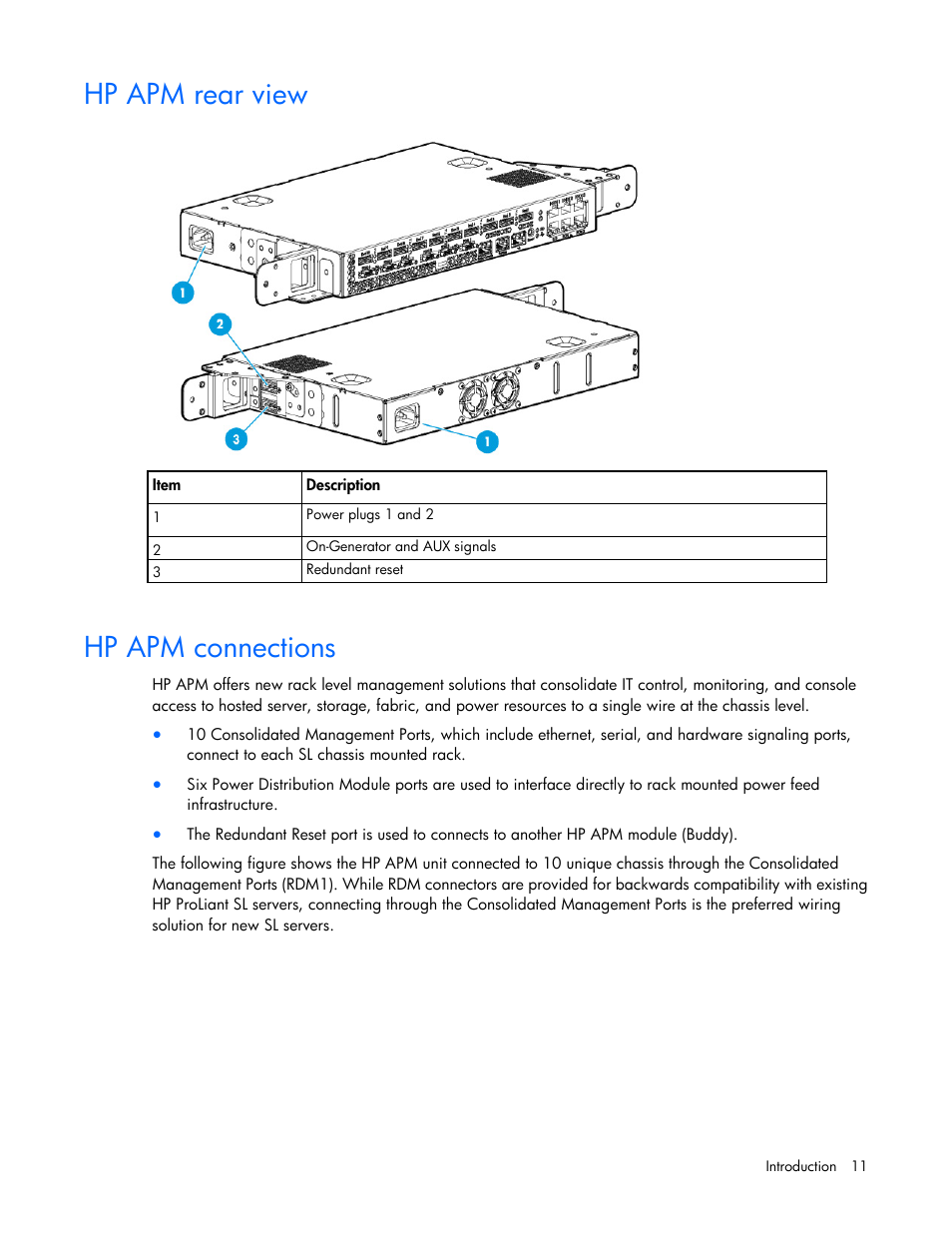 Hp apm rear view, Hp apm connections | HP ProLiant SL2500 Scalable System User Manual | Page 11 / 117