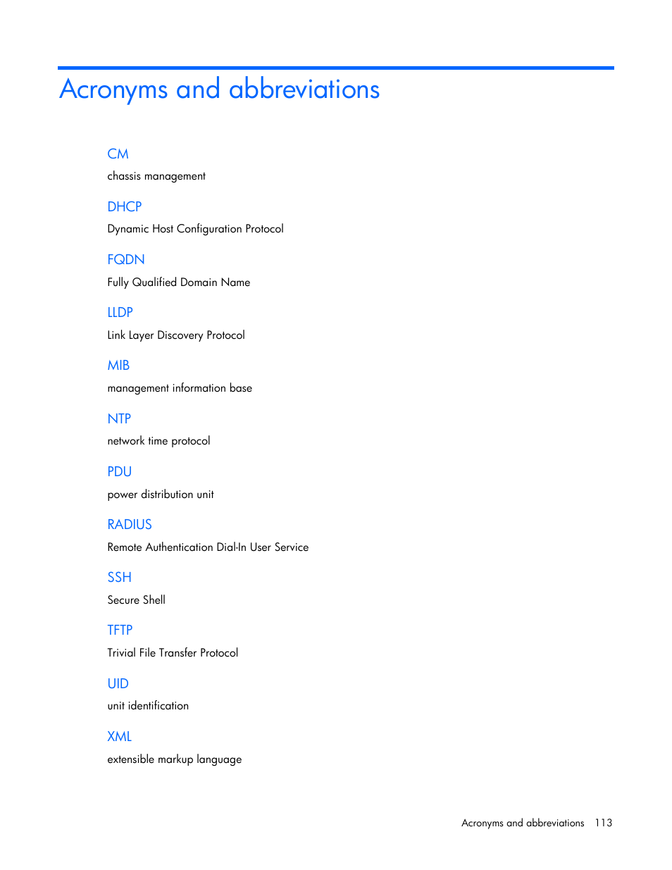 Acronyms and abbreviations | HP ProLiant SL2500 Scalable System User Manual | Page 113 / 117