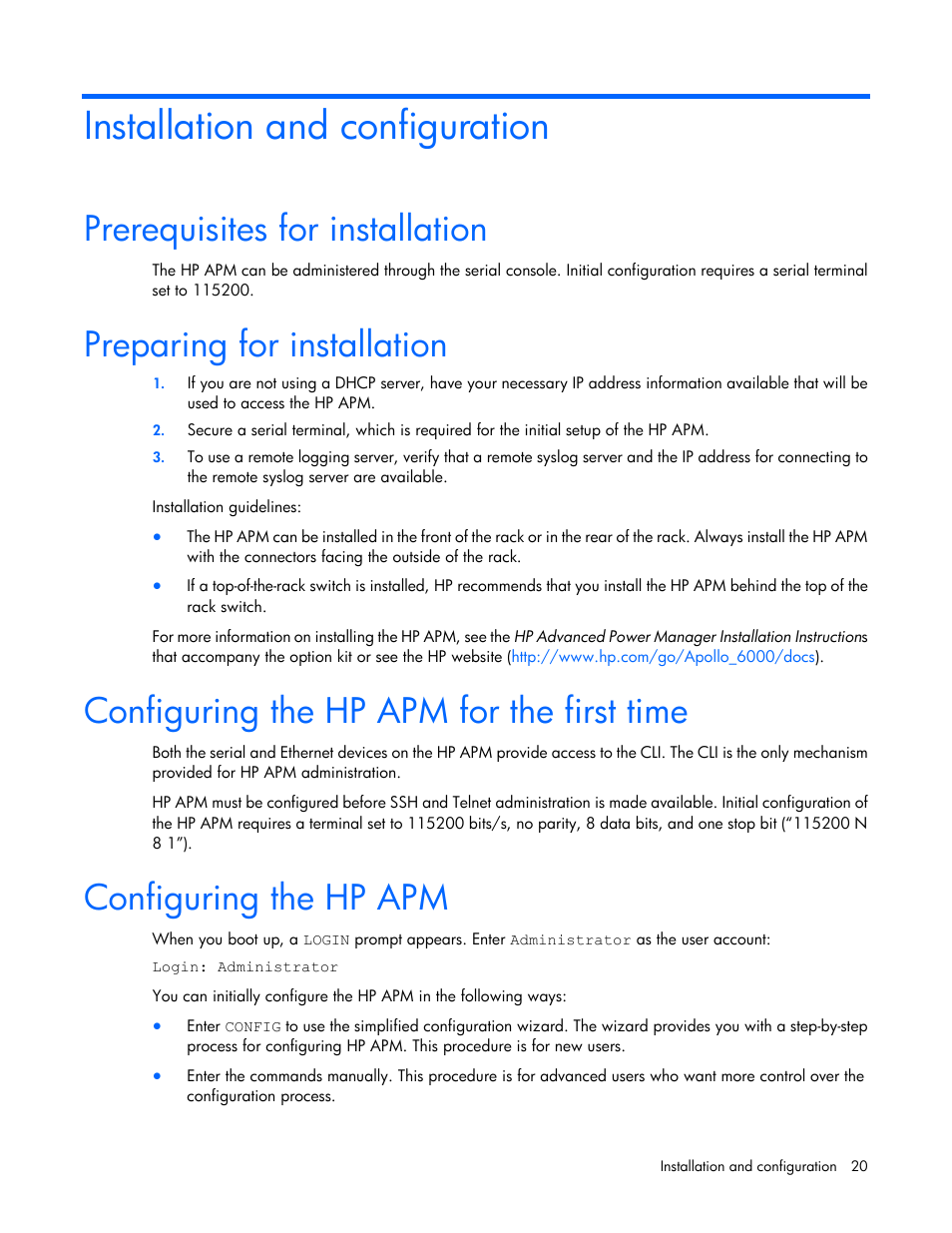 Installation and configuration, Prerequisites for installation, Preparing for installation | Configuring the hp apm for the first time, Configuring the hp apm | HP ProLiant SL2500 Scalable System User Manual | Page 20 / 117