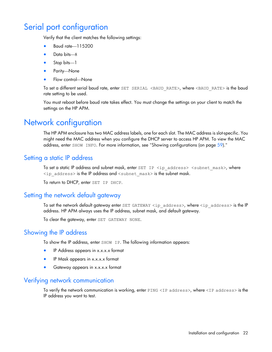 Serial port configuration, Network configuration, Setting a static ip address | Setting the network default gateway, Showing the ip address, Verifying network communication | HP ProLiant SL2500 Scalable System User Manual | Page 22 / 117