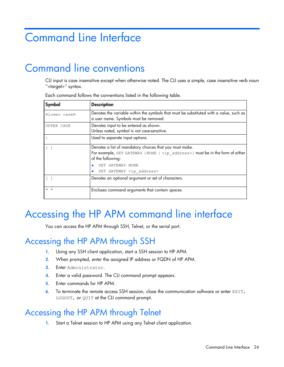 Command line interface, Command line conventions, Accessing the hp apm command line interface | Accessing the hp apm through ssh, Accessing the hp apm through telnet | HP ProLiant SL2500 Scalable System User Manual | Page 24 / 117