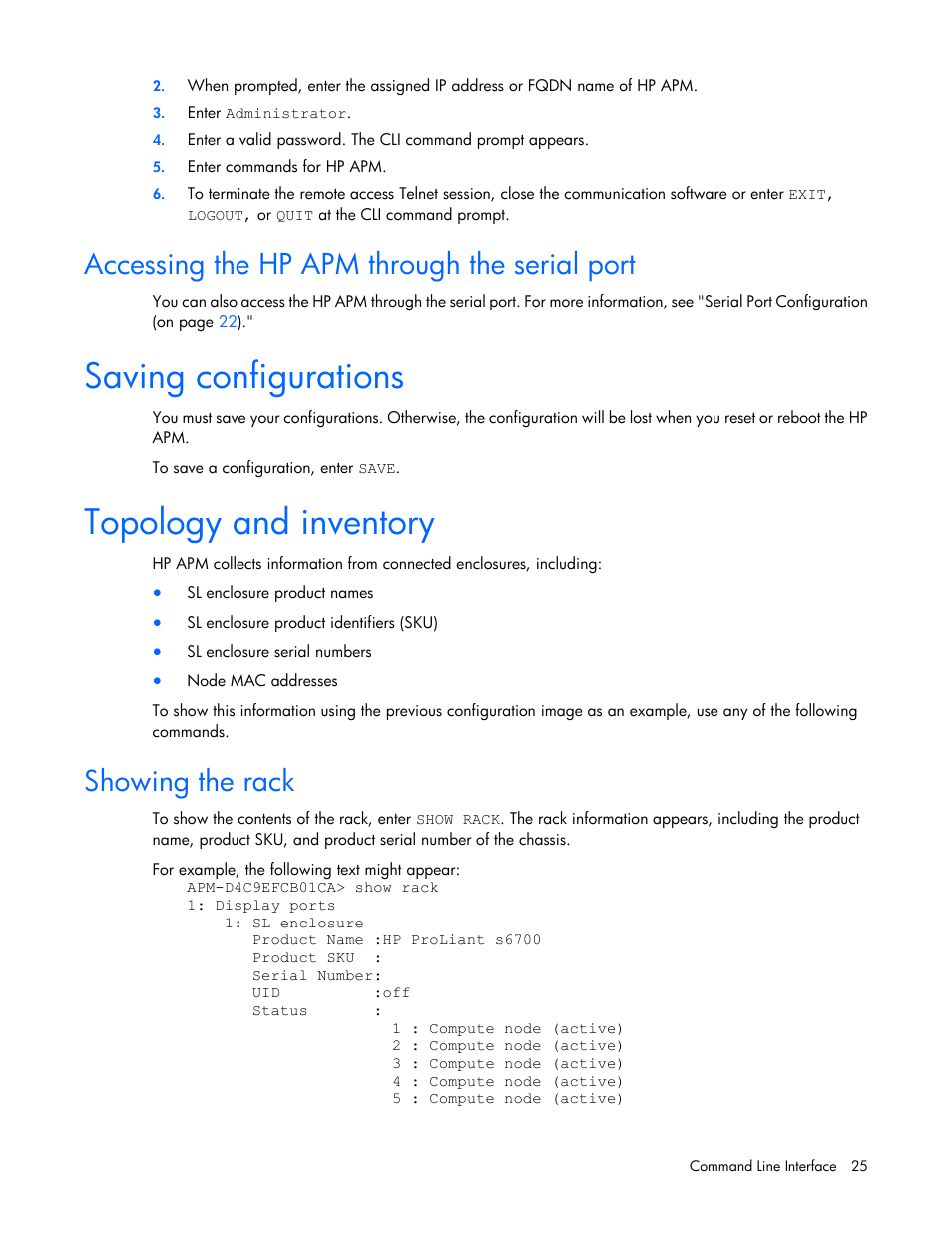 Accessing the hp apm through the serial port, Saving configurations, Topology and inventory | Showing the rack | HP ProLiant SL2500 Scalable System User Manual | Page 25 / 117