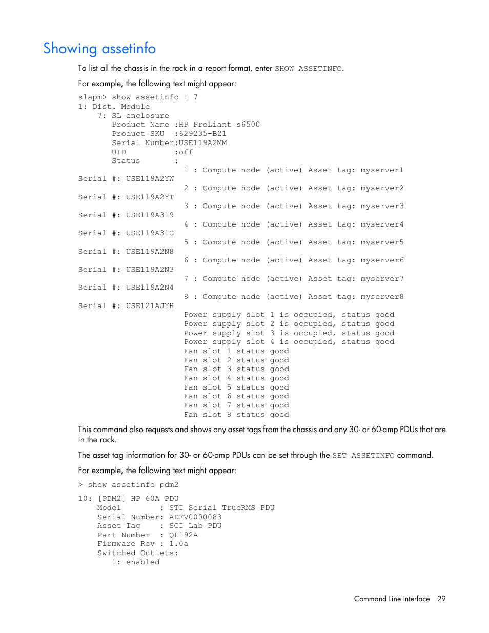 Showing assetinfo | HP ProLiant SL2500 Scalable System User Manual | Page 29 / 117