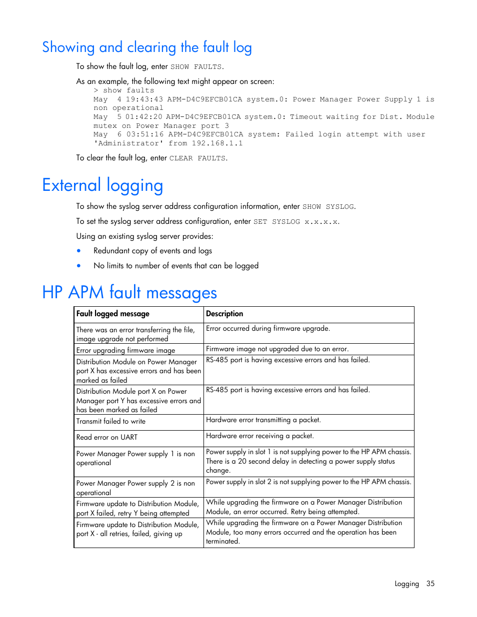 Showing and clearing the fault log, External logging, Hp apm fault messages | HP ProLiant SL2500 Scalable System User Manual | Page 35 / 117