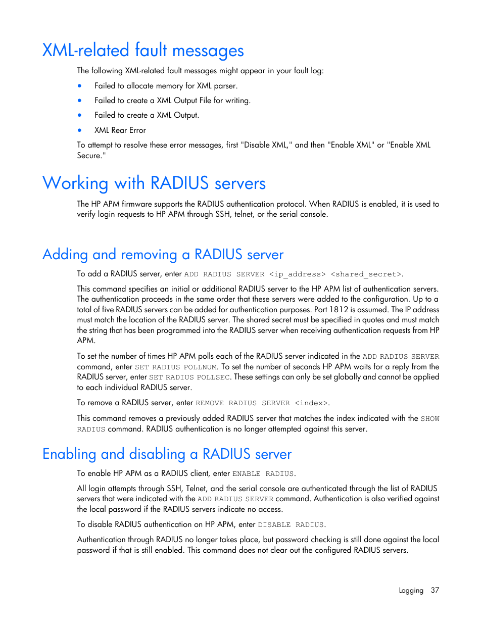 Xml-related fault messages, Working with radius servers, Adding and removing a radius server | Enabling and disabling a radius server | HP ProLiant SL2500 Scalable System User Manual | Page 37 / 117