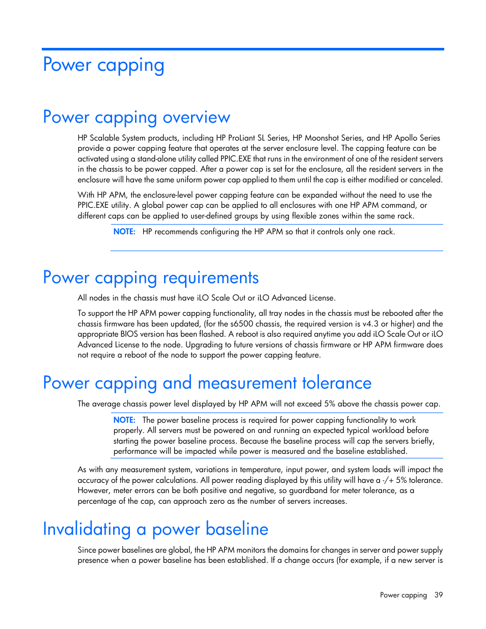 Power capping, Power capping overview, Power capping requirements | Power capping and measurement tolerance, Invalidating a power baseline | HP ProLiant SL2500 Scalable System User Manual | Page 39 / 117