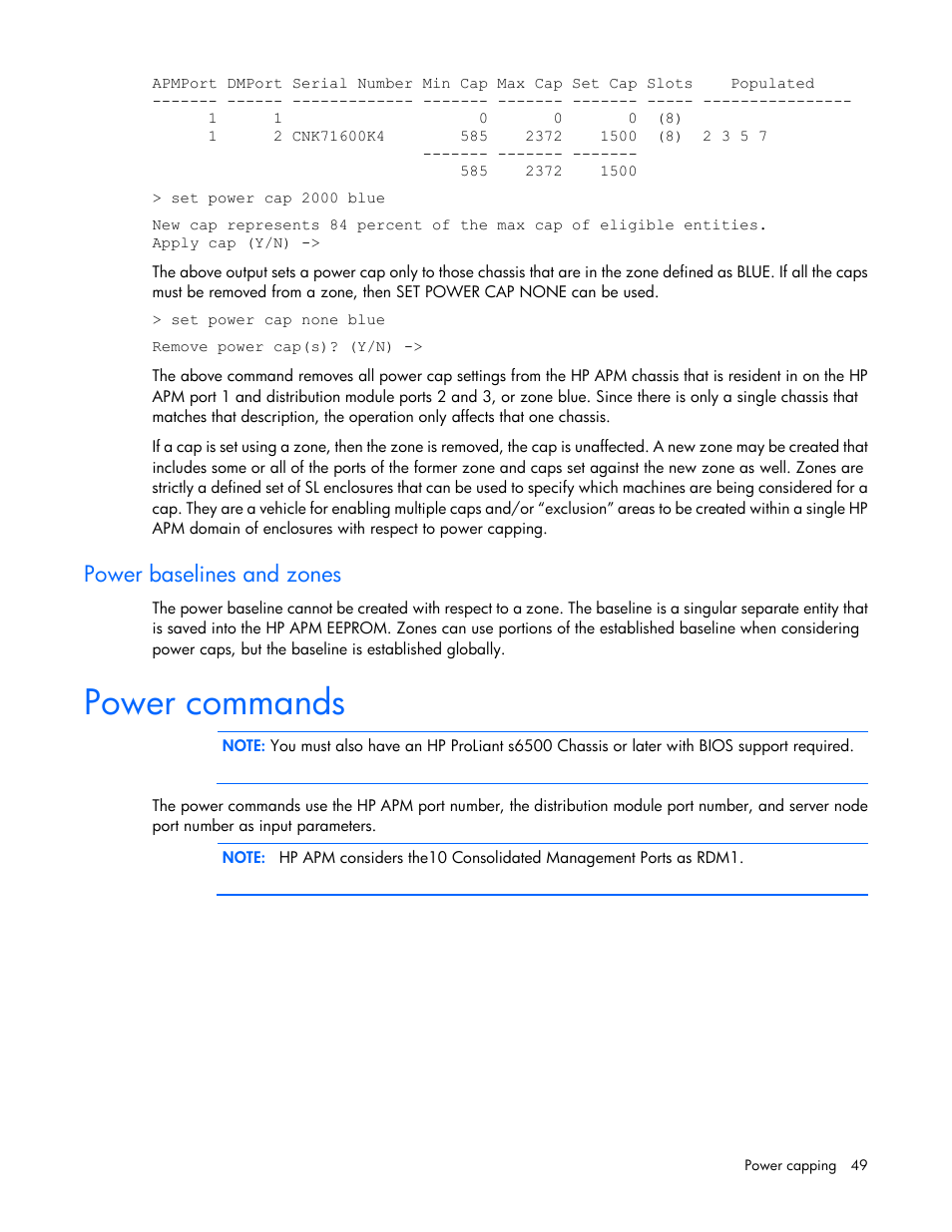 Power baselines and zones, Power commands | HP ProLiant SL2500 Scalable System User Manual | Page 49 / 117