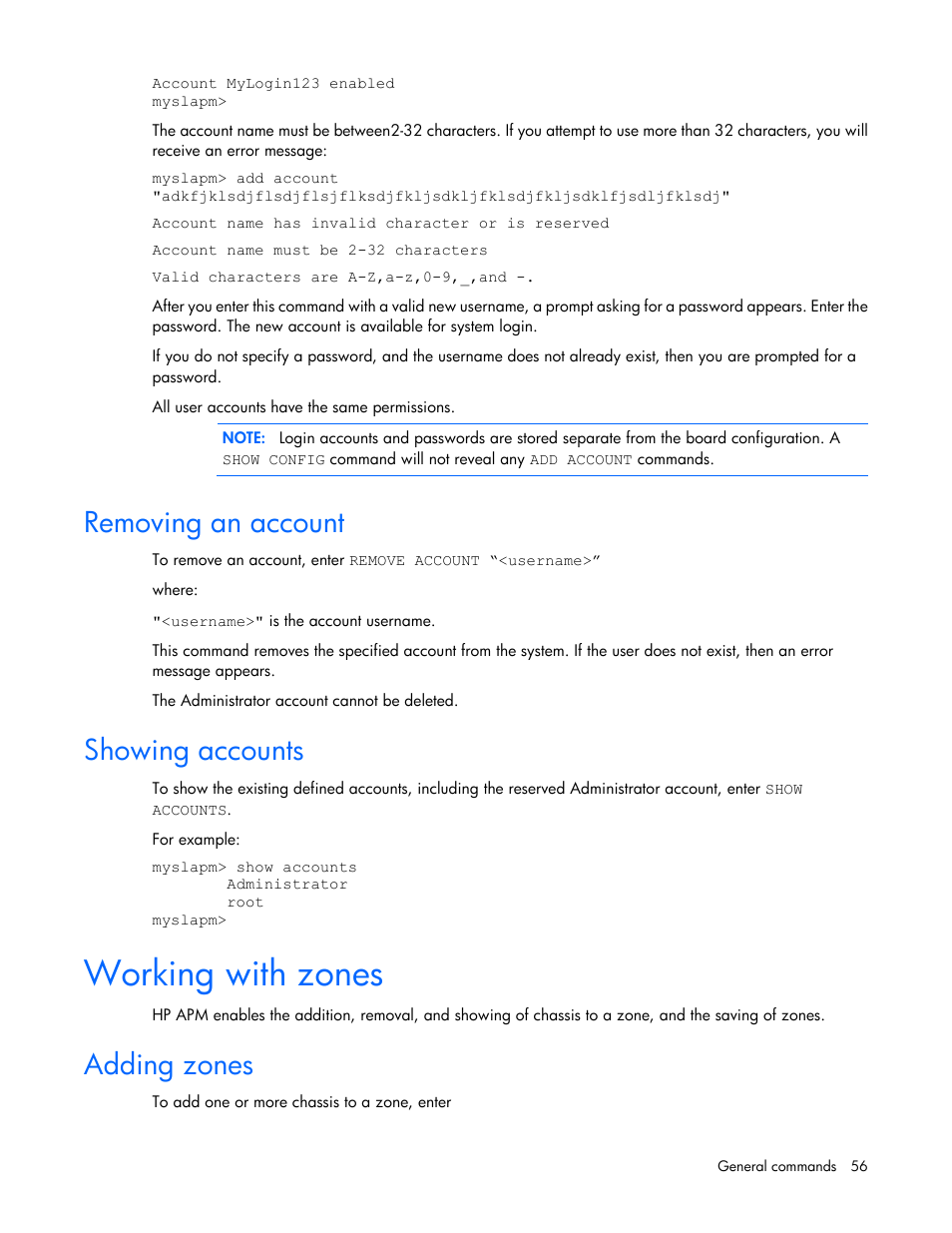 Removing an account, Showing accounts, Working with zones | Adding zones | HP ProLiant SL2500 Scalable System User Manual | Page 56 / 117