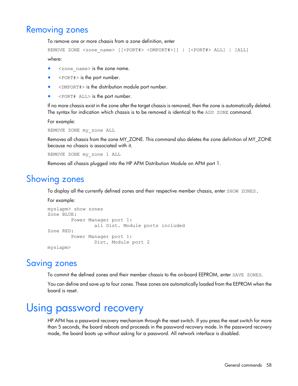 Removing zones, Showing zones, Saving zones | Using password recovery | HP ProLiant SL2500 Scalable System User Manual | Page 58 / 117