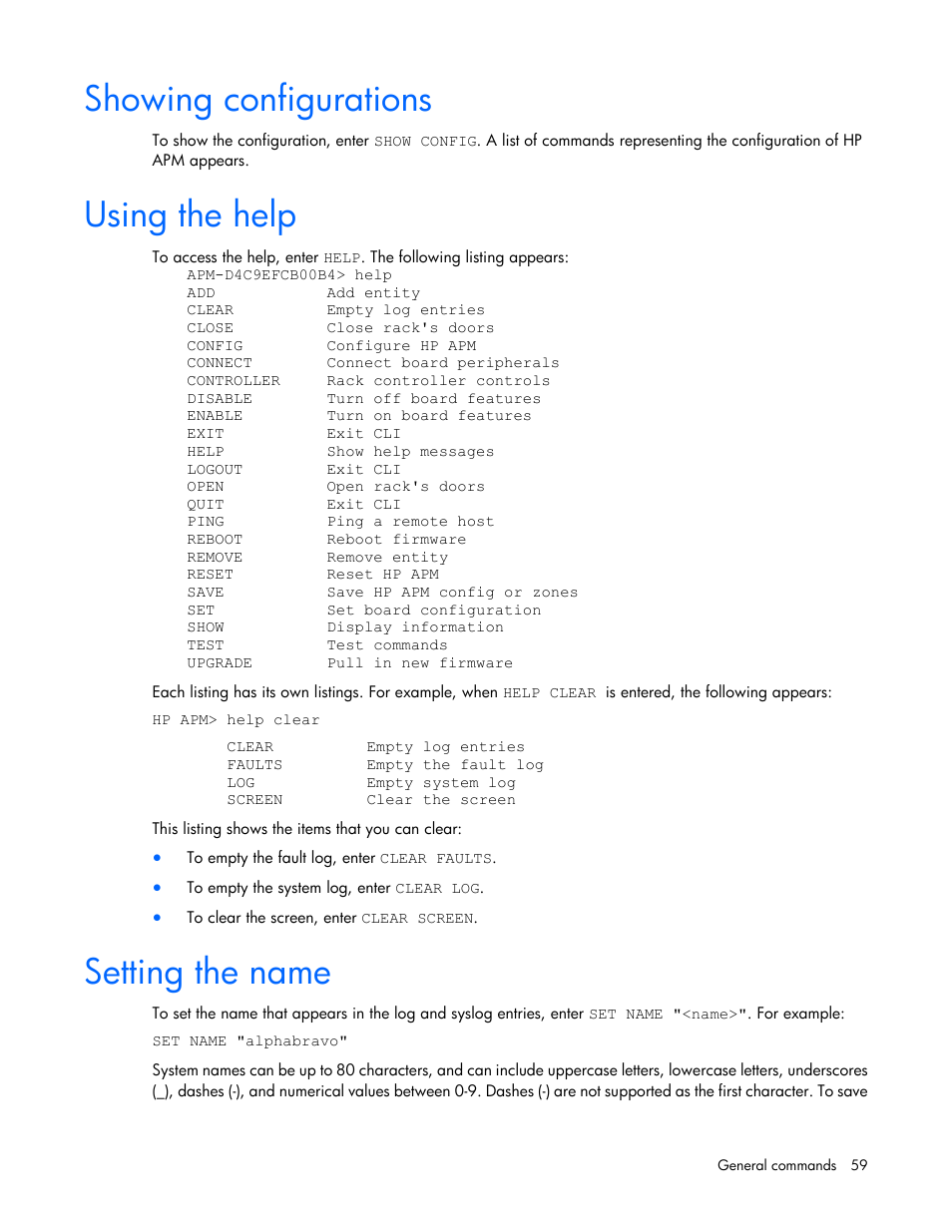 Showing configurations, Using the help, Setting the name | HP ProLiant SL2500 Scalable System User Manual | Page 59 / 117