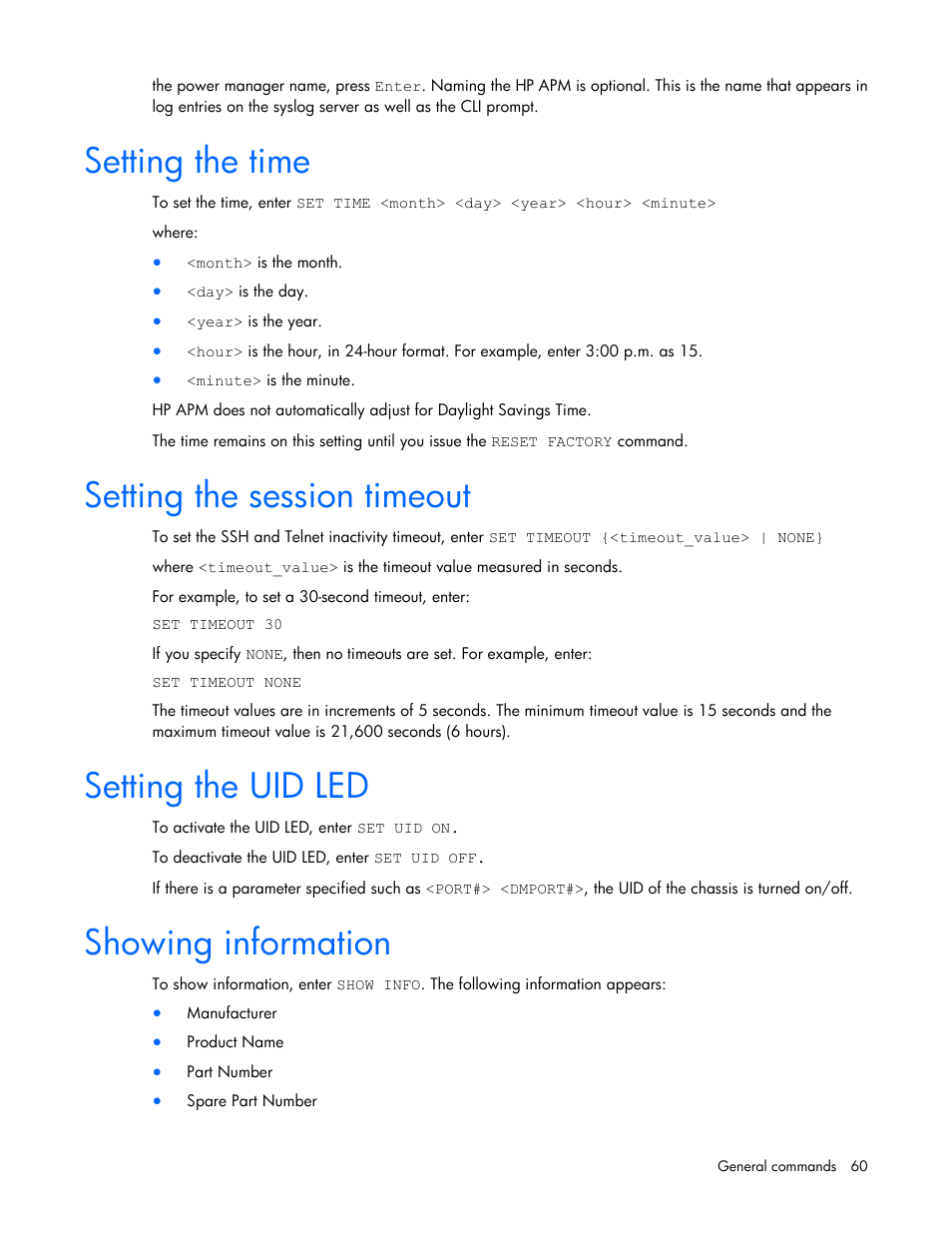 Setting the time, Setting the session timeout, Setting the uid led | Showing information | HP ProLiant SL2500 Scalable System User Manual | Page 60 / 117