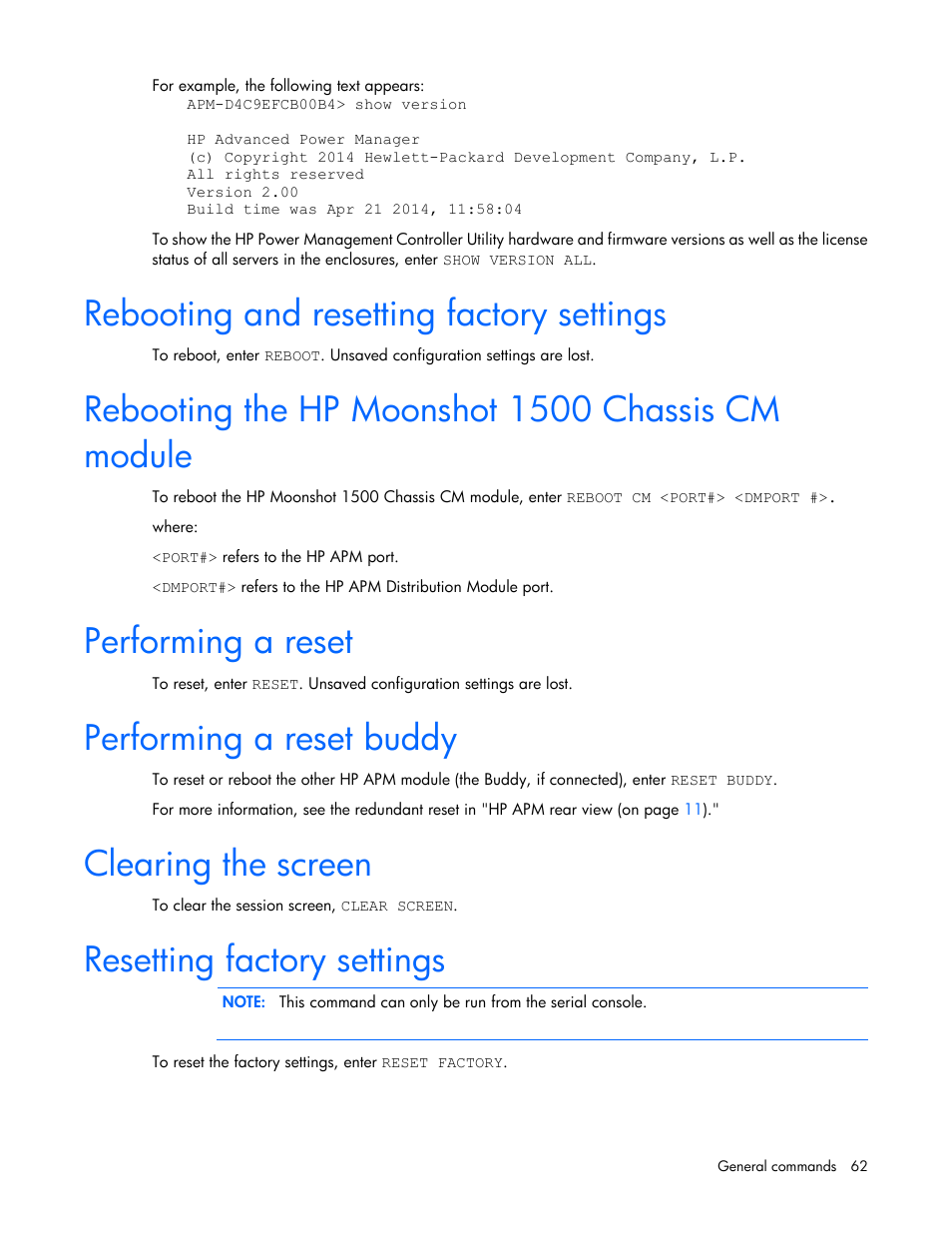 Rebooting and resetting factory settings, Rebooting the hp moonshot 1500 chassis cm module, Performing a reset | Performing a reset buddy, Clearing the screen, Resetting factory settings | HP ProLiant SL2500 Scalable System User Manual | Page 62 / 117