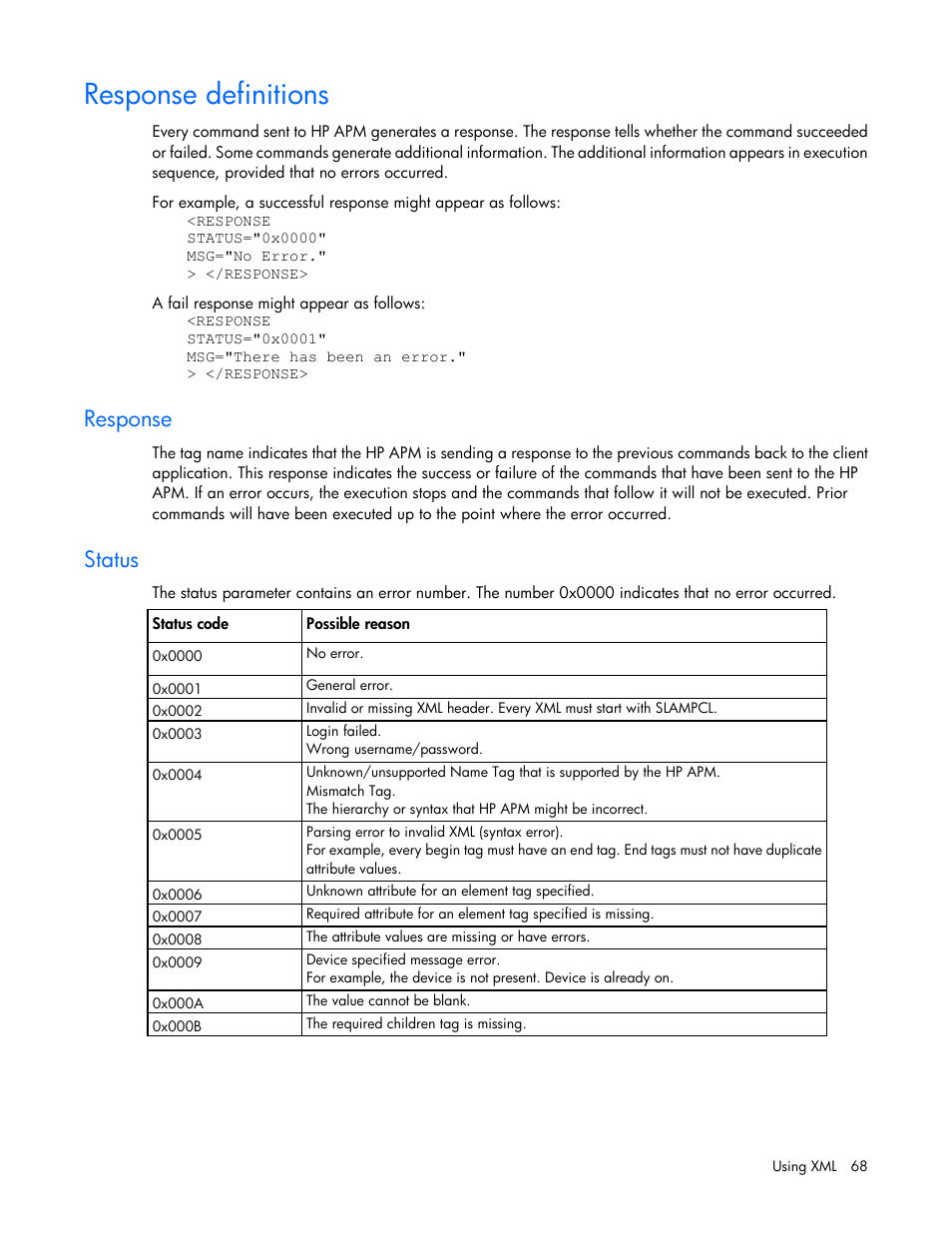 Response definitions, Response, Status | HP ProLiant SL2500 Scalable System User Manual | Page 68 / 117