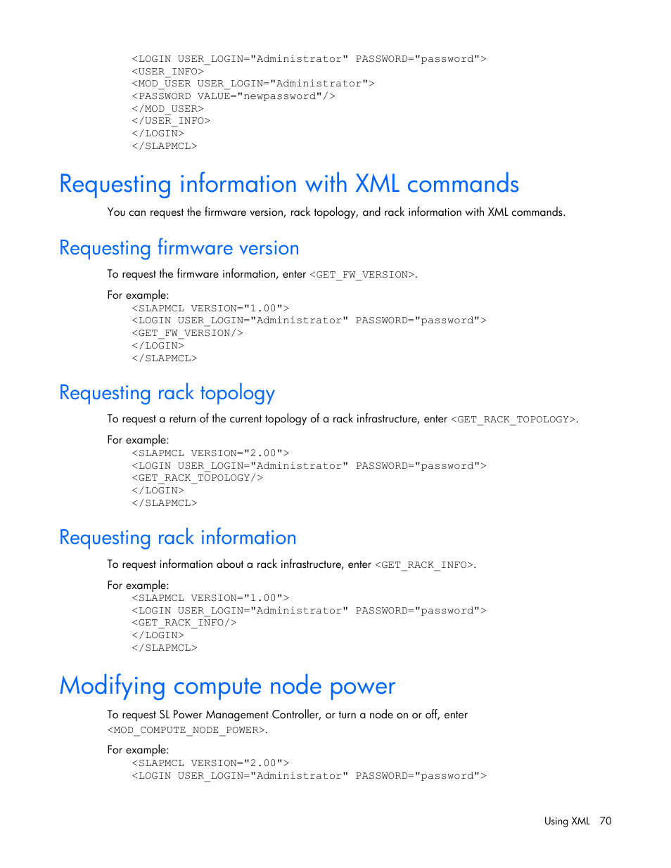 Requesting information with xml commands, Requesting firmware version, Requesting rack topology | Requesting rack information, Modifying compute node power | HP ProLiant SL2500 Scalable System User Manual | Page 70 / 117