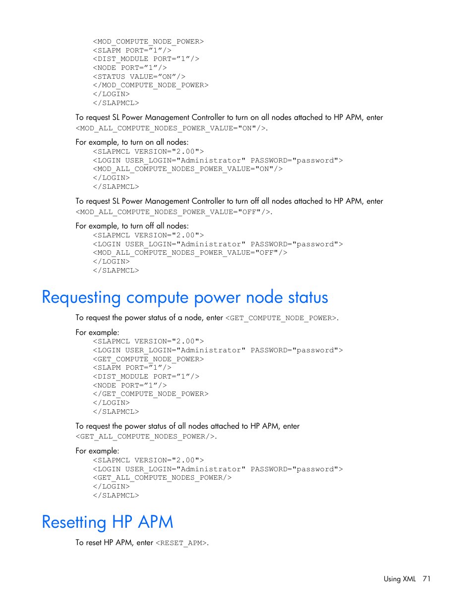 Requesting compute power node status, Resetting hp apm | HP ProLiant SL2500 Scalable System User Manual | Page 71 / 117