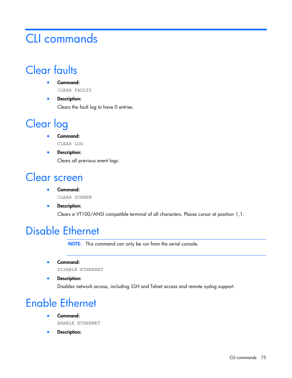 Cli commands, Clear faults, Clear log | Clear screen, Disable ethernet, Enable ethernet | HP ProLiant SL2500 Scalable System User Manual | Page 75 / 117