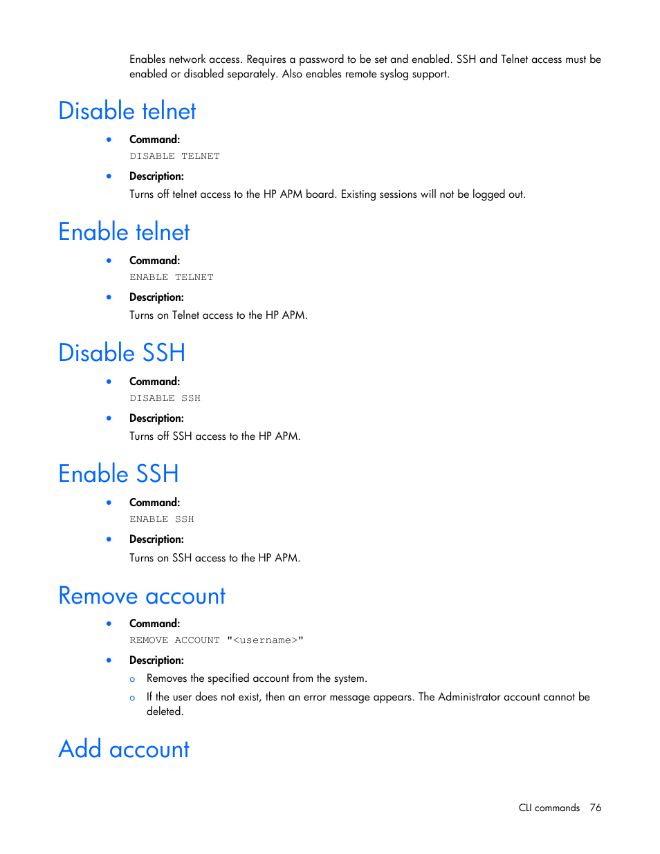 Disable telnet, Enable telnet, Disable ssh | Enable ssh, Remove account, Add account | HP ProLiant SL2500 Scalable System User Manual | Page 76 / 117