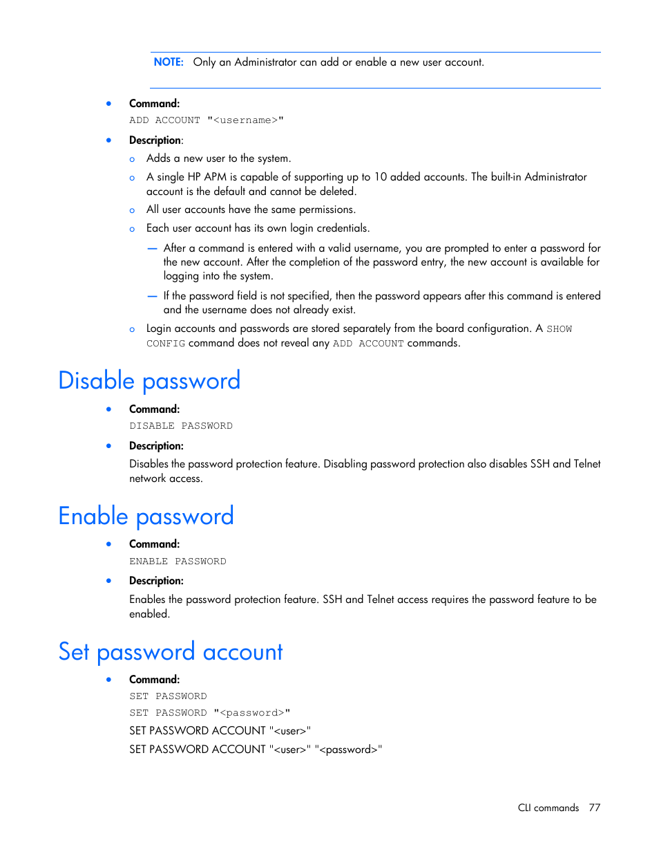 Disable password, Enable password, Set password account | HP ProLiant SL2500 Scalable System User Manual | Page 77 / 117