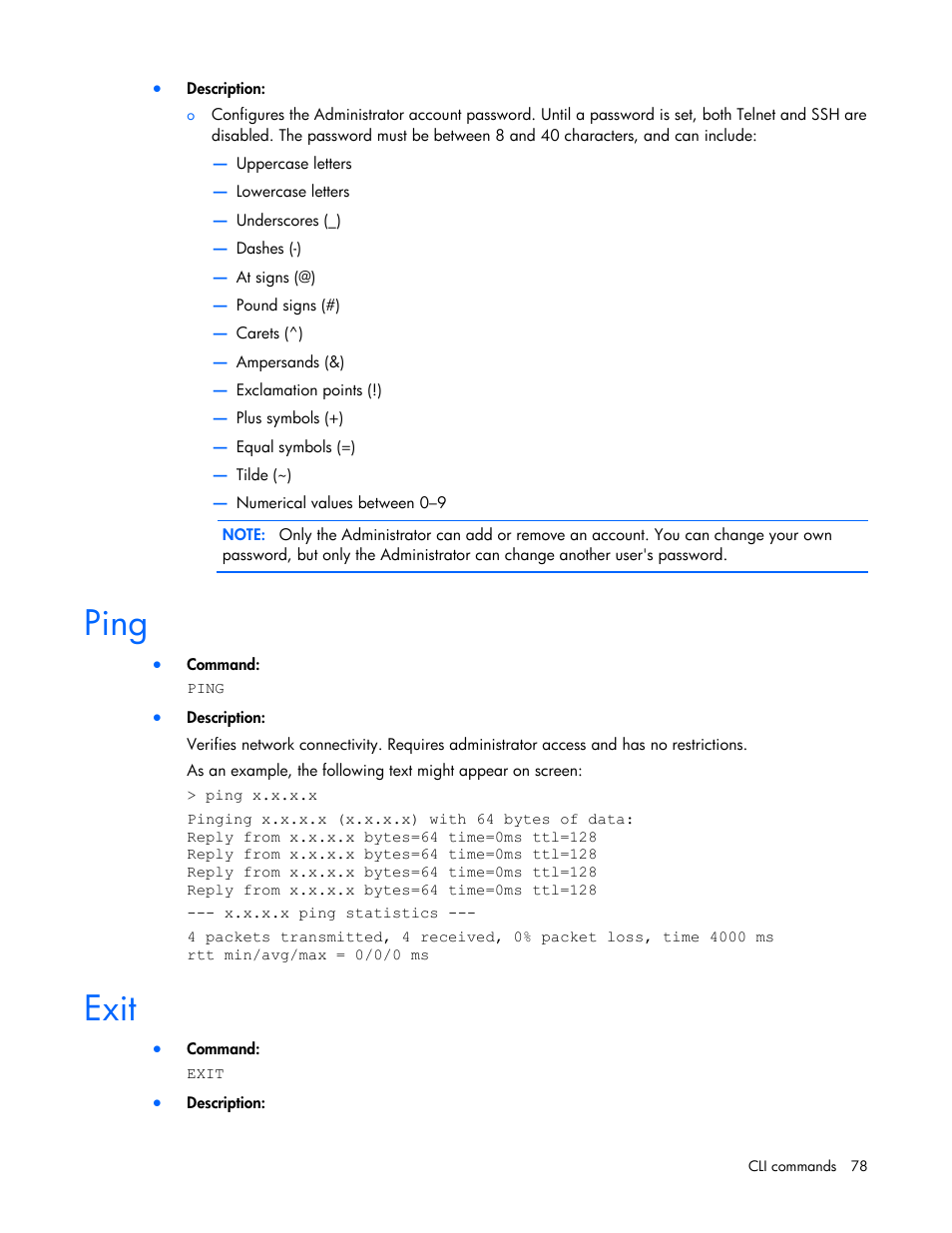 Ping, Exit | HP ProLiant SL2500 Scalable System User Manual | Page 78 / 117