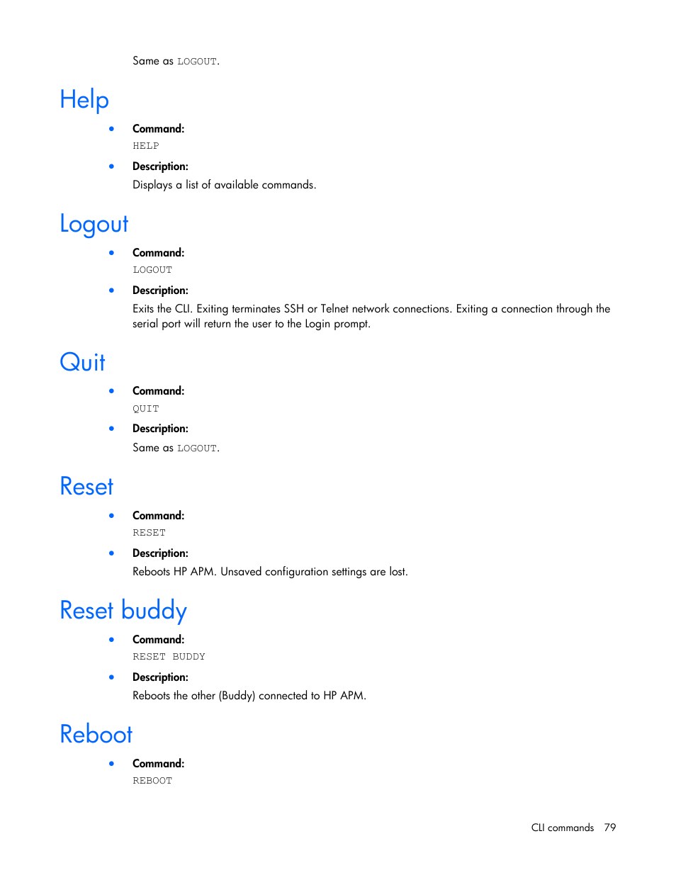 Help, Logout, Quit | Reset, Reset buddy, Reboot | HP ProLiant SL2500 Scalable System User Manual | Page 79 / 117