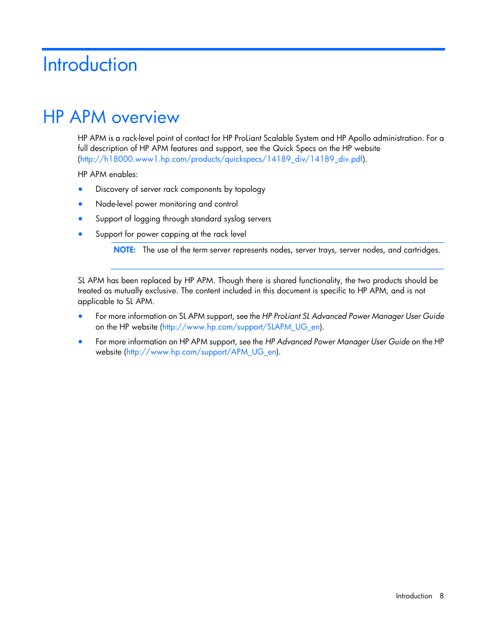 Introduction, Hp apm overview | HP ProLiant SL2500 Scalable System User Manual | Page 8 / 117