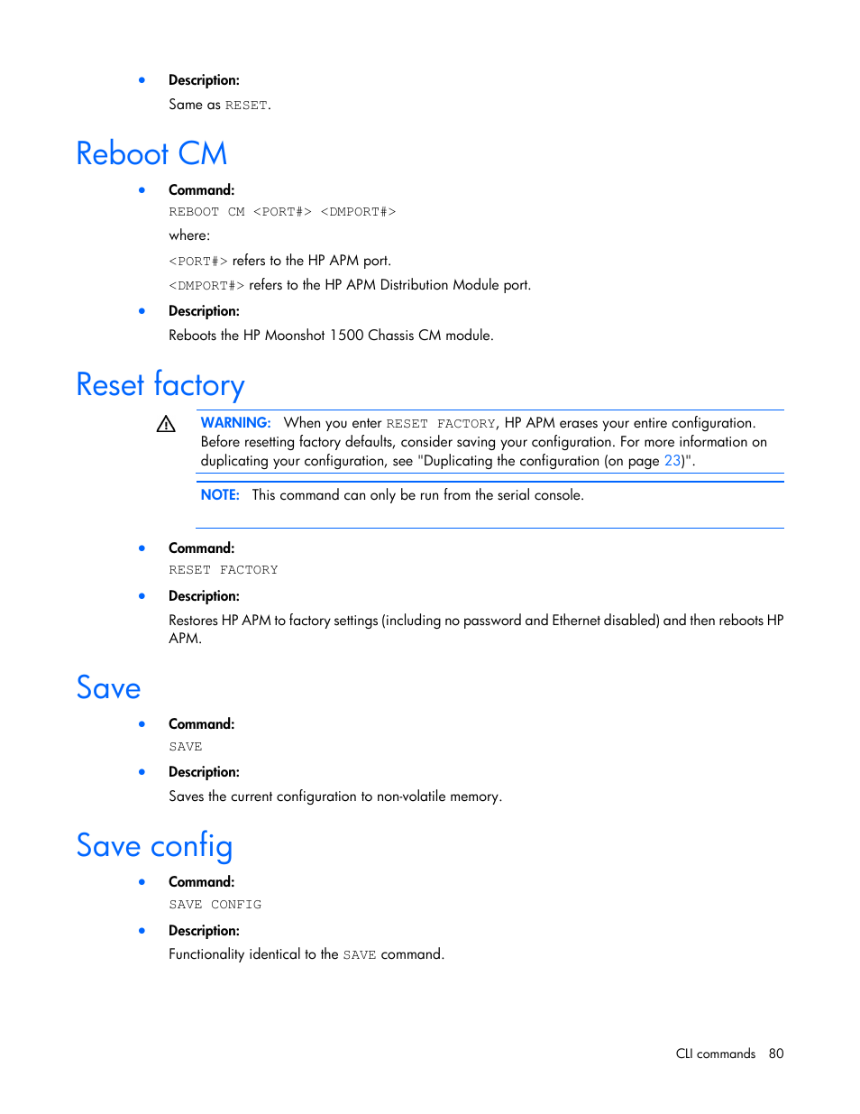 Reboot cm, Reset factory, Save | Save config | HP ProLiant SL2500 Scalable System User Manual | Page 80 / 117