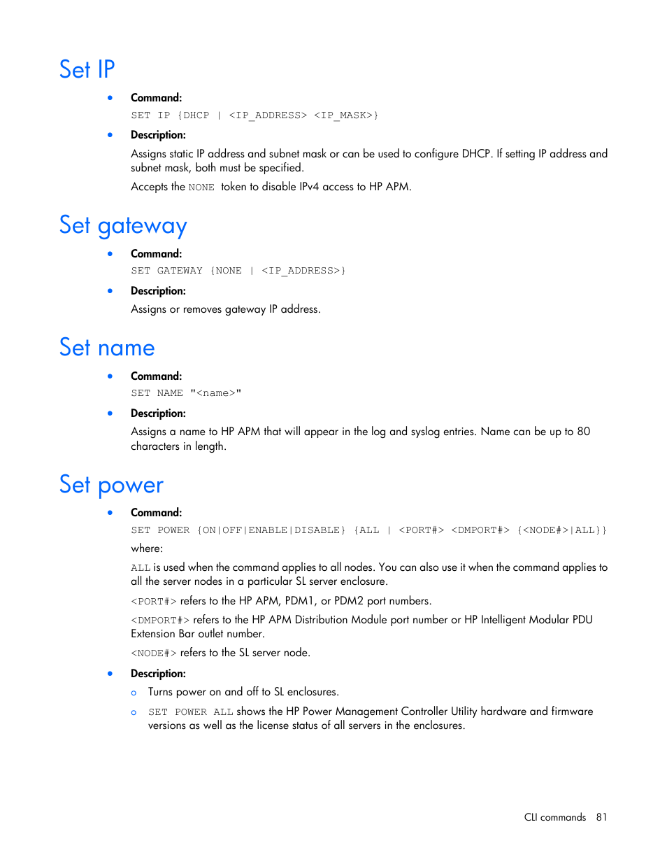 Set ip, Set gateway, Set name | Set power | HP ProLiant SL2500 Scalable System User Manual | Page 81 / 117