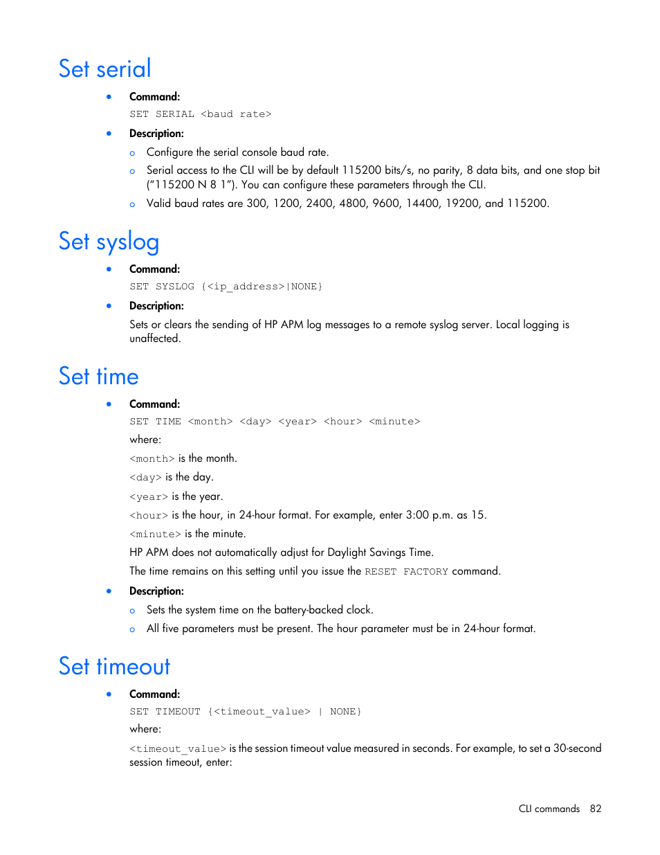 Set serial, Set syslog, Set time | Set timeout | HP ProLiant SL2500 Scalable System User Manual | Page 82 / 117