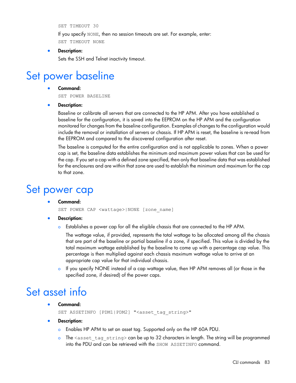 Set power baseline, Set power cap, Set asset info | HP ProLiant SL2500 Scalable System User Manual | Page 83 / 117