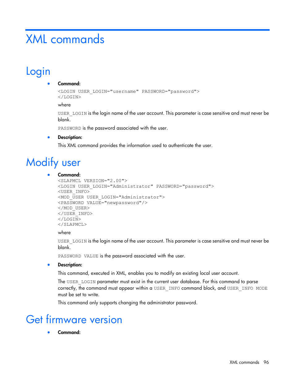 Xml commands, Login, Modify user | Get firmware version | HP ProLiant SL2500 Scalable System User Manual | Page 96 / 117